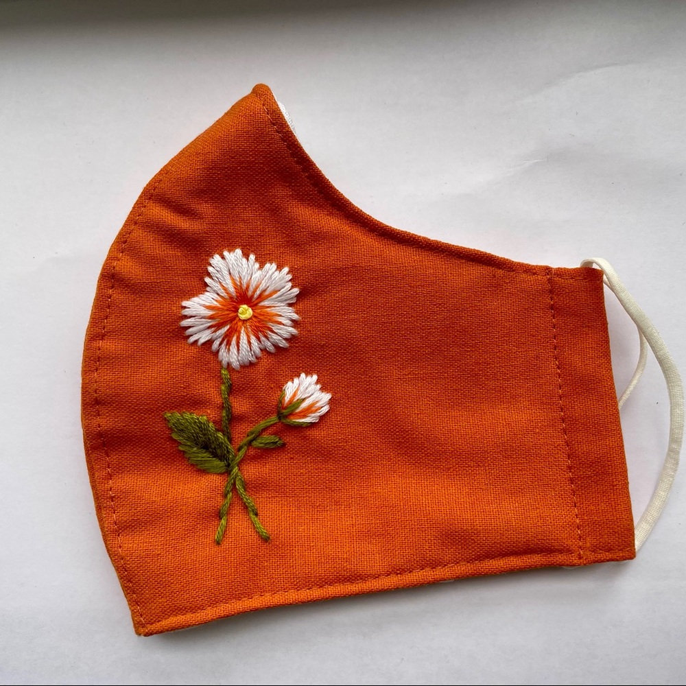 Pure linen face mask - hand embroidered- Orange